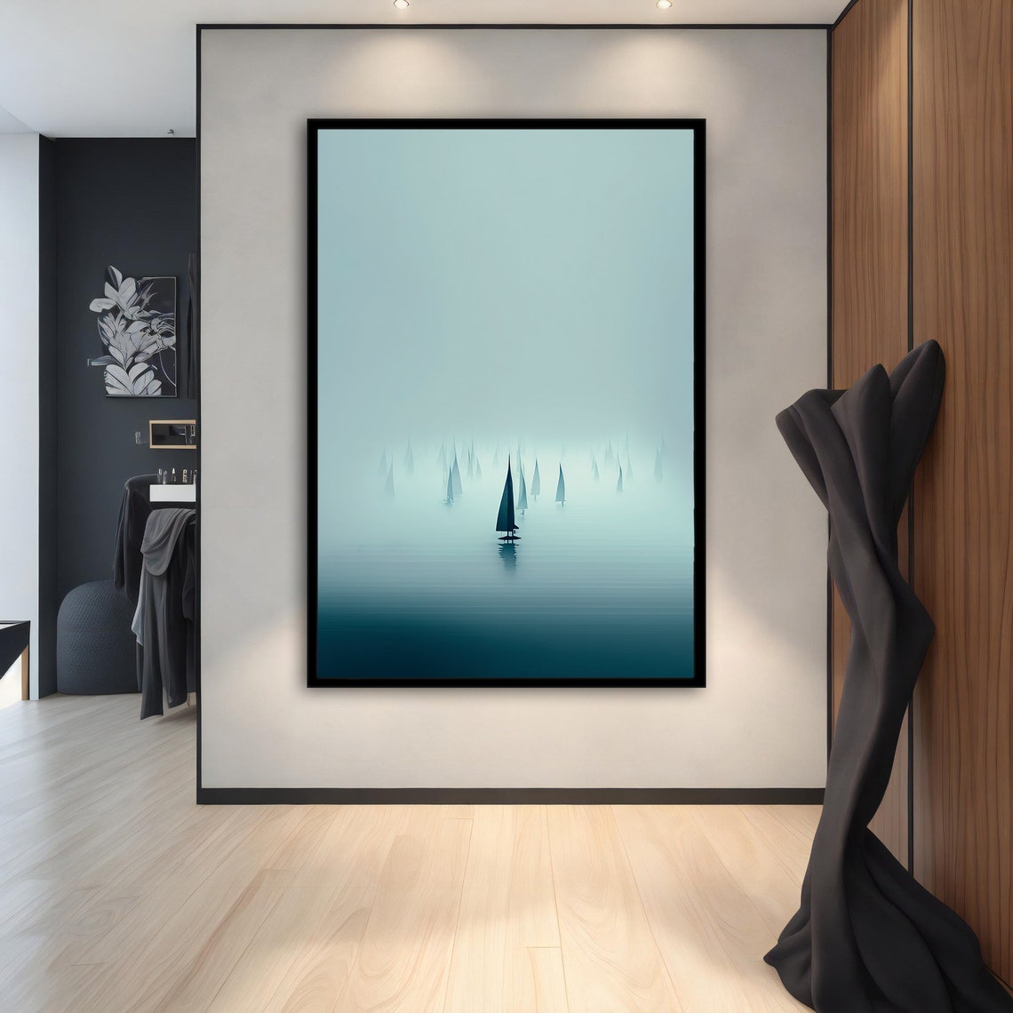 Ship Painting Foggy Sea Art Pirate Ship Painting Rowing Boat Art Sailing Wall Art Sailboat Rolled Art Ships At Sea Print - Image 2