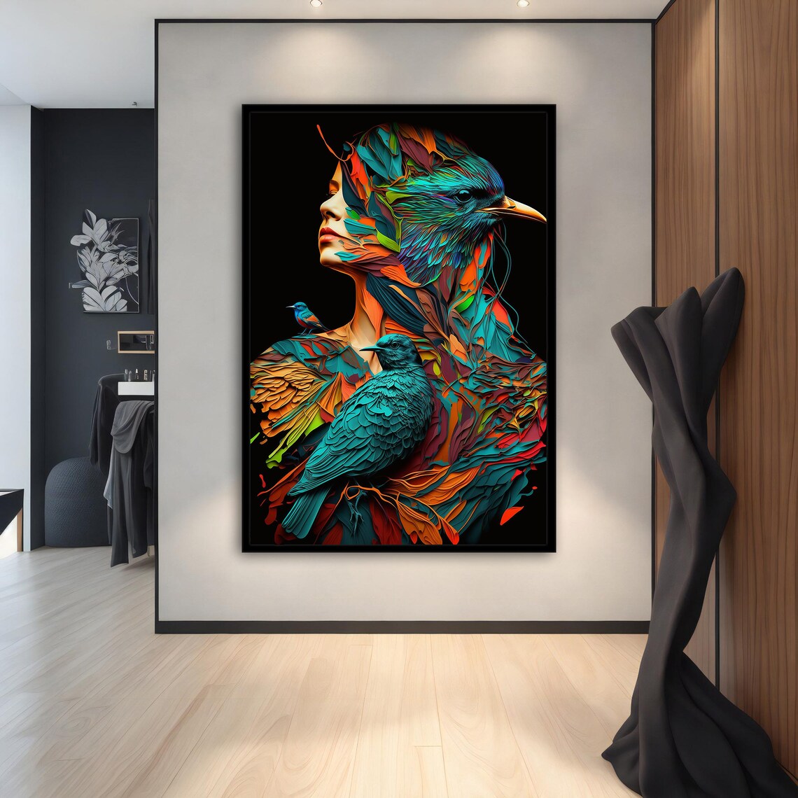 Colorful Bird Woman Surreal Feathers Teal Orange Portrait Wall Art - Image 5