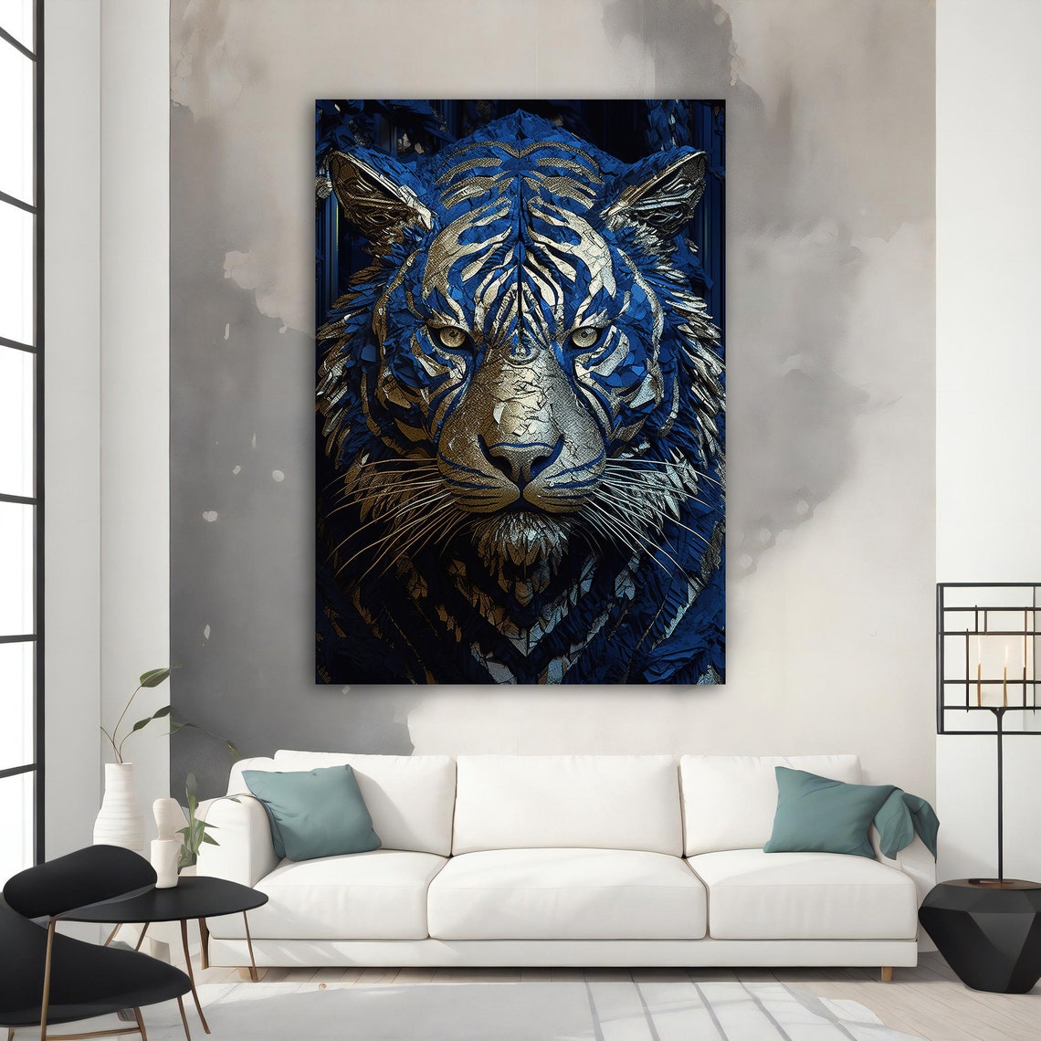 Blue Gold Tiger Face Geometric Crystal Mosaic Wall Art Poster - Image 4