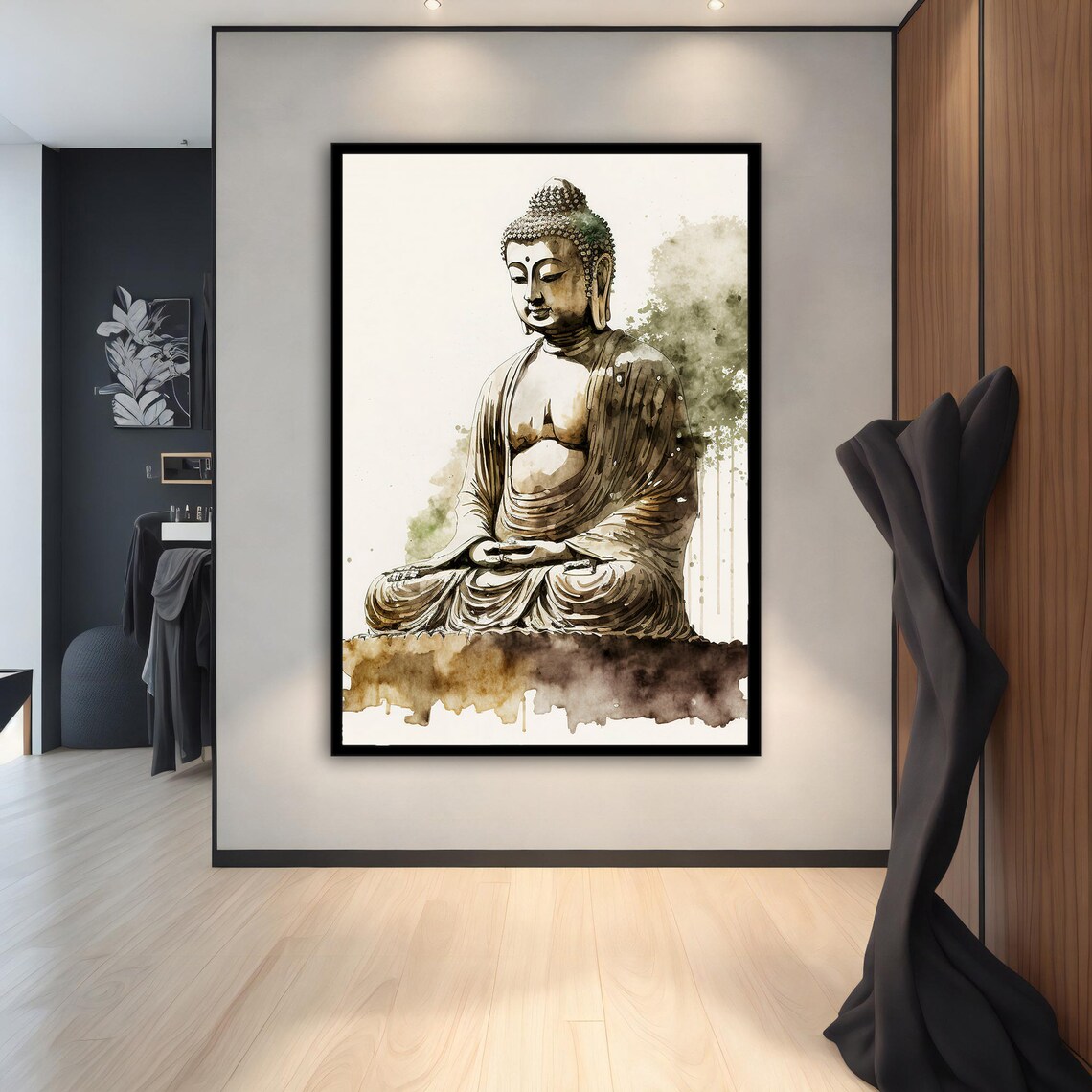 Minimalist Ink Wash Buddha Statue Seated Meditation Green Grey Art Poster - Image 2