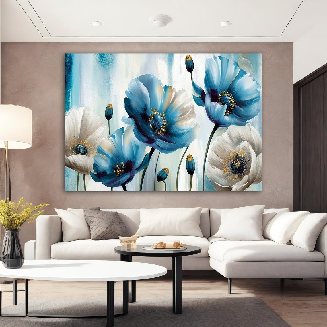 Blue White Poppy Flowers Gold Centers Bright Fresh Floral Poster - Image 4