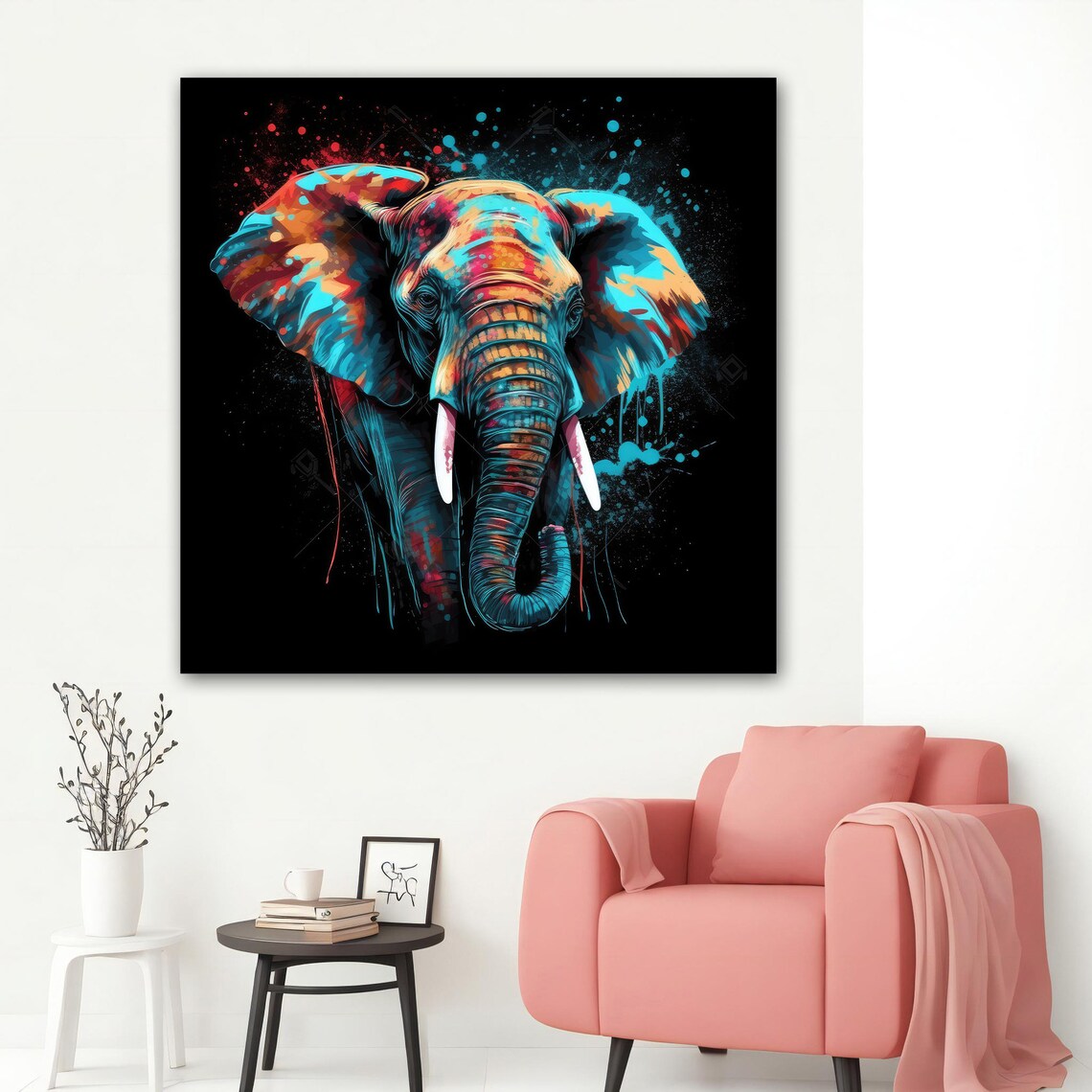 Colorful Elephant Head Painting Black Background Splash Wildlife Art Poster - Image 2