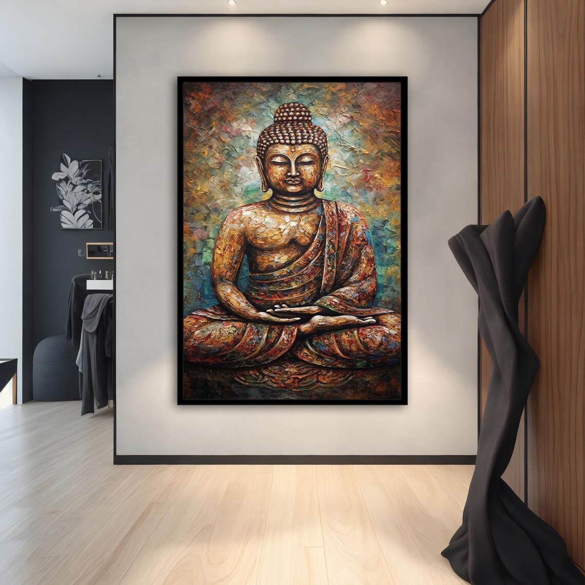 Meditating Buddha Colorful Mosaic Texture Painting Warm Earth Tones Poster - Image 2