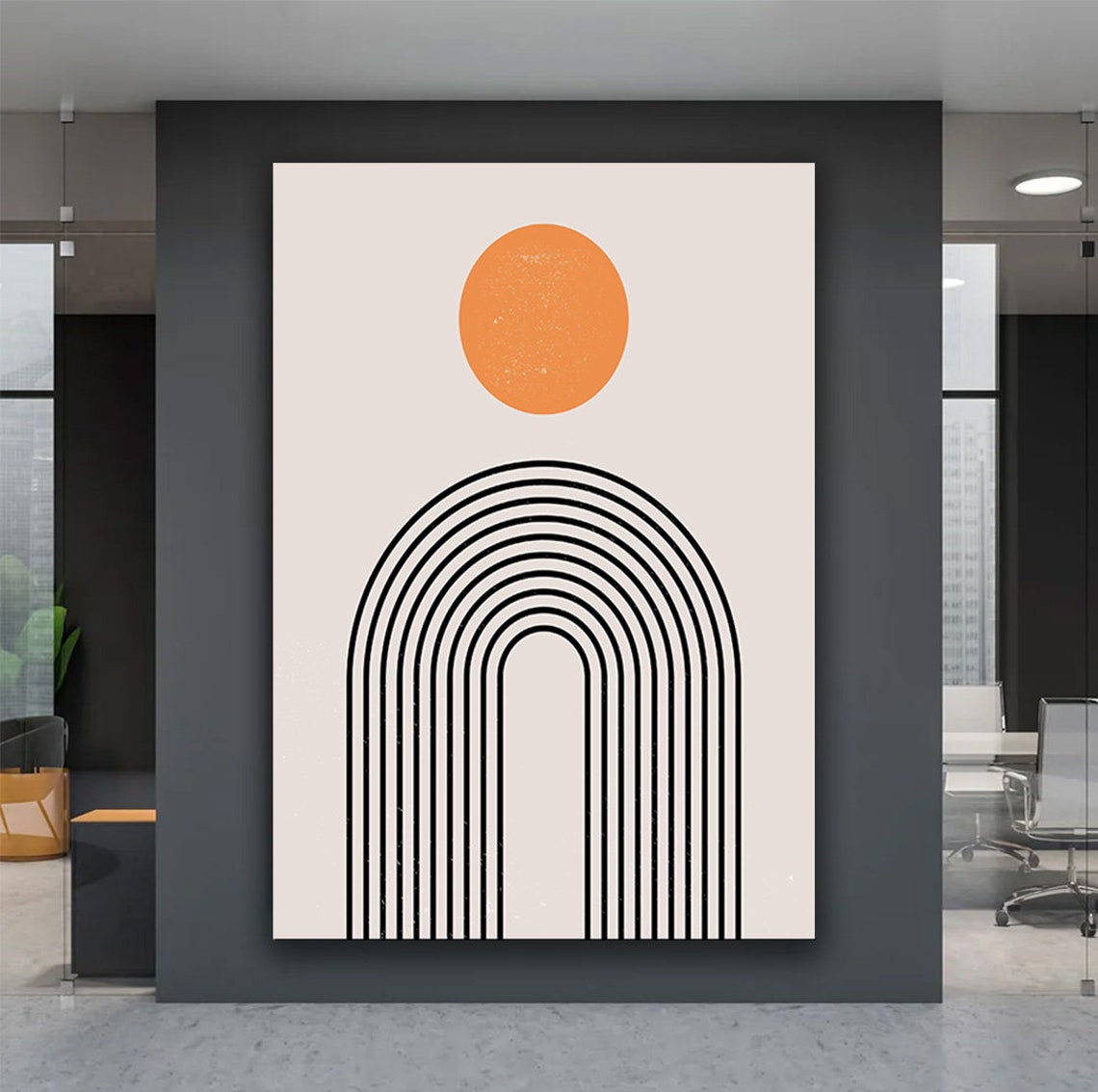 Boho Orange Sun and Black Arch Lines Geometric Wall Art Poster