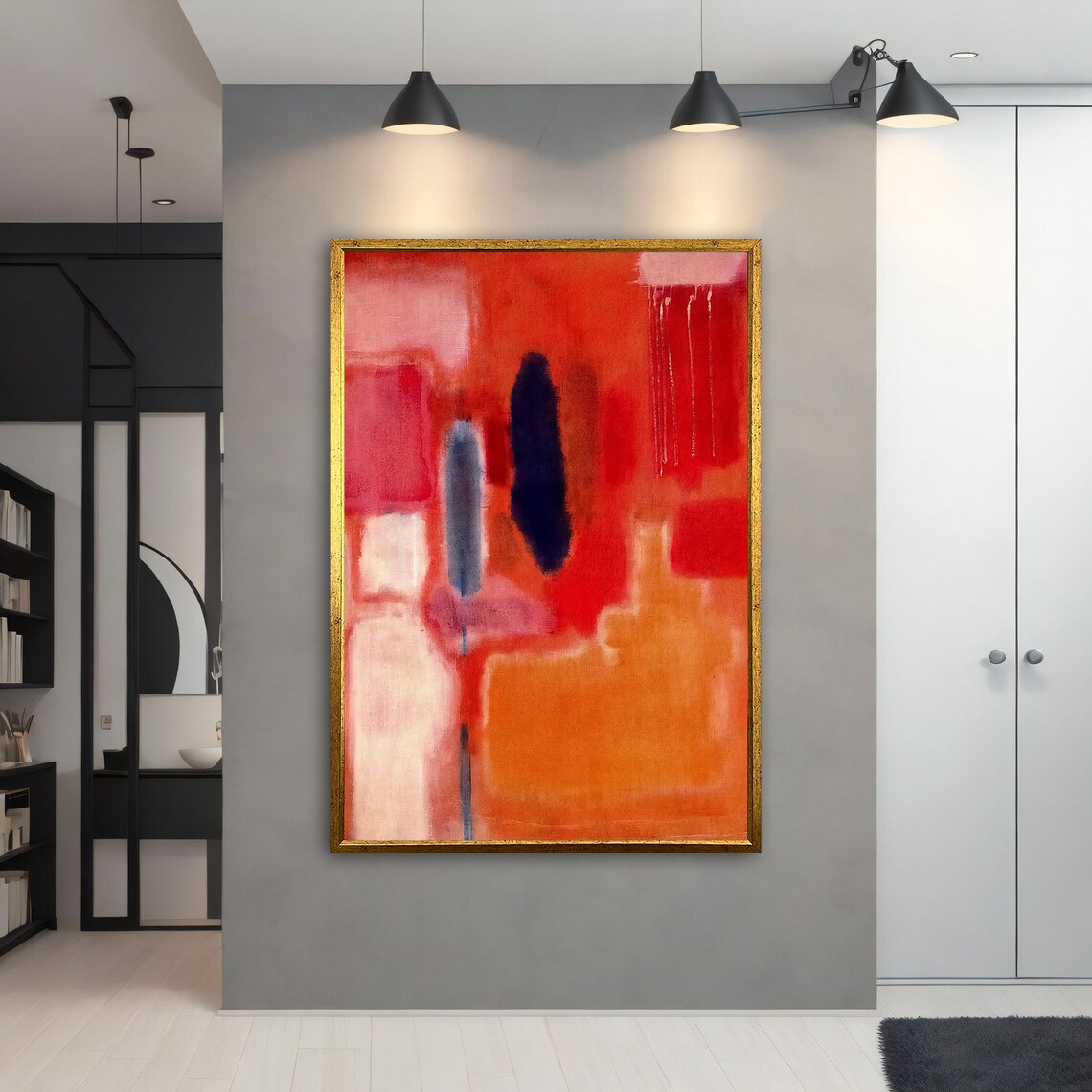 Rothko Style Red Orange Color Field Dark Blue Streaks Art Poster