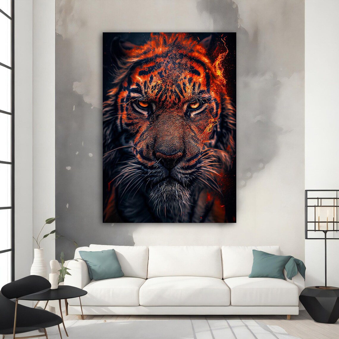 Fiery Tiger Face Close Up with Blazing Orange Eyes Dark Art Poster - Image 3