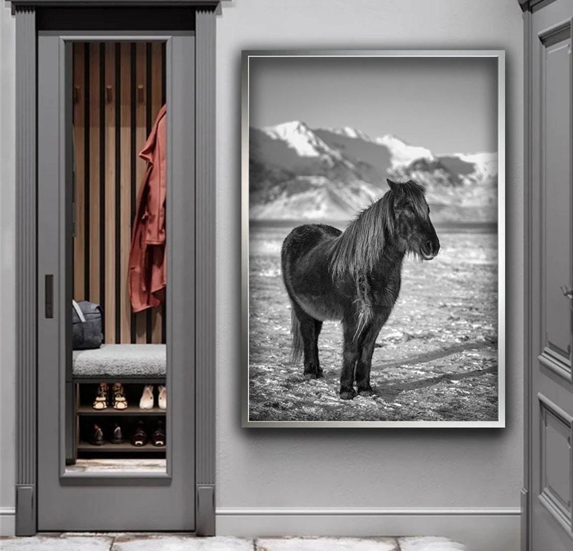 Black and White Wild Horse in Snowy Mountain Field Photo Print - Image 3