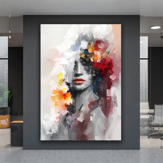 Abstract Woman Portrait in Soft Grey with Red and Orange Brushstrokes Poster