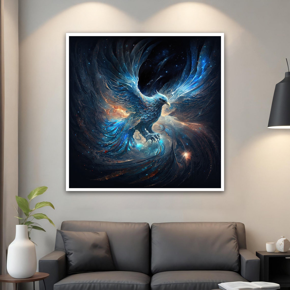Mystical Blue Phoenix Rising Through Cosmic Starry Night Sky Poster - Image 4