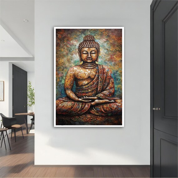 Meditating Buddha Colorful Mosaic Texture Painting Warm Earth Tones Poster