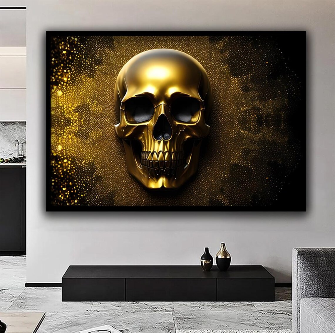 Gold Skull Glitter Gothic Black Background Metallic Skull Wall Art Poster - Image 2