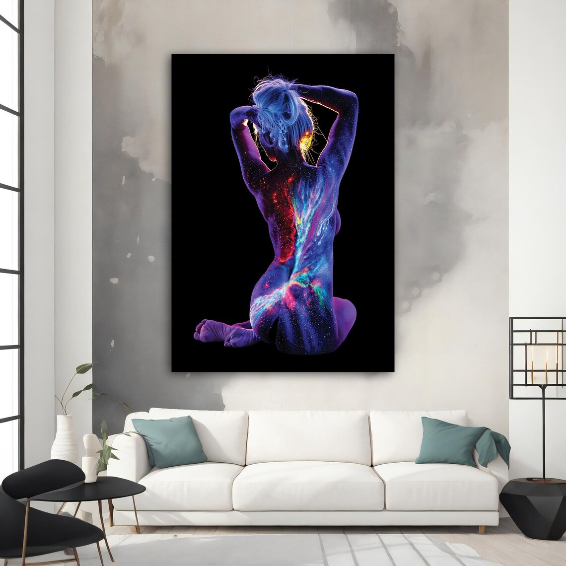 Galaxy Body Paint Woman Kneeling Cosmic Nebula Stars Back View Art Poster - Image 3
