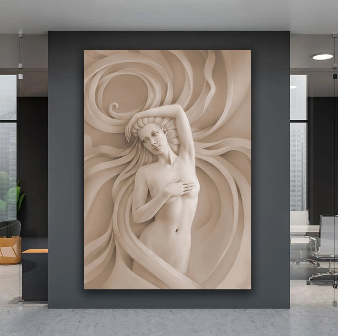 Sculpture Woman Long Flowing Hair Beige 3D Relief Elegant Figure Art Poster