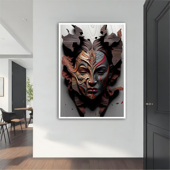 Carved Wooden Tribal Woman Face 3D Sculpture Texture Abstract Art Poster