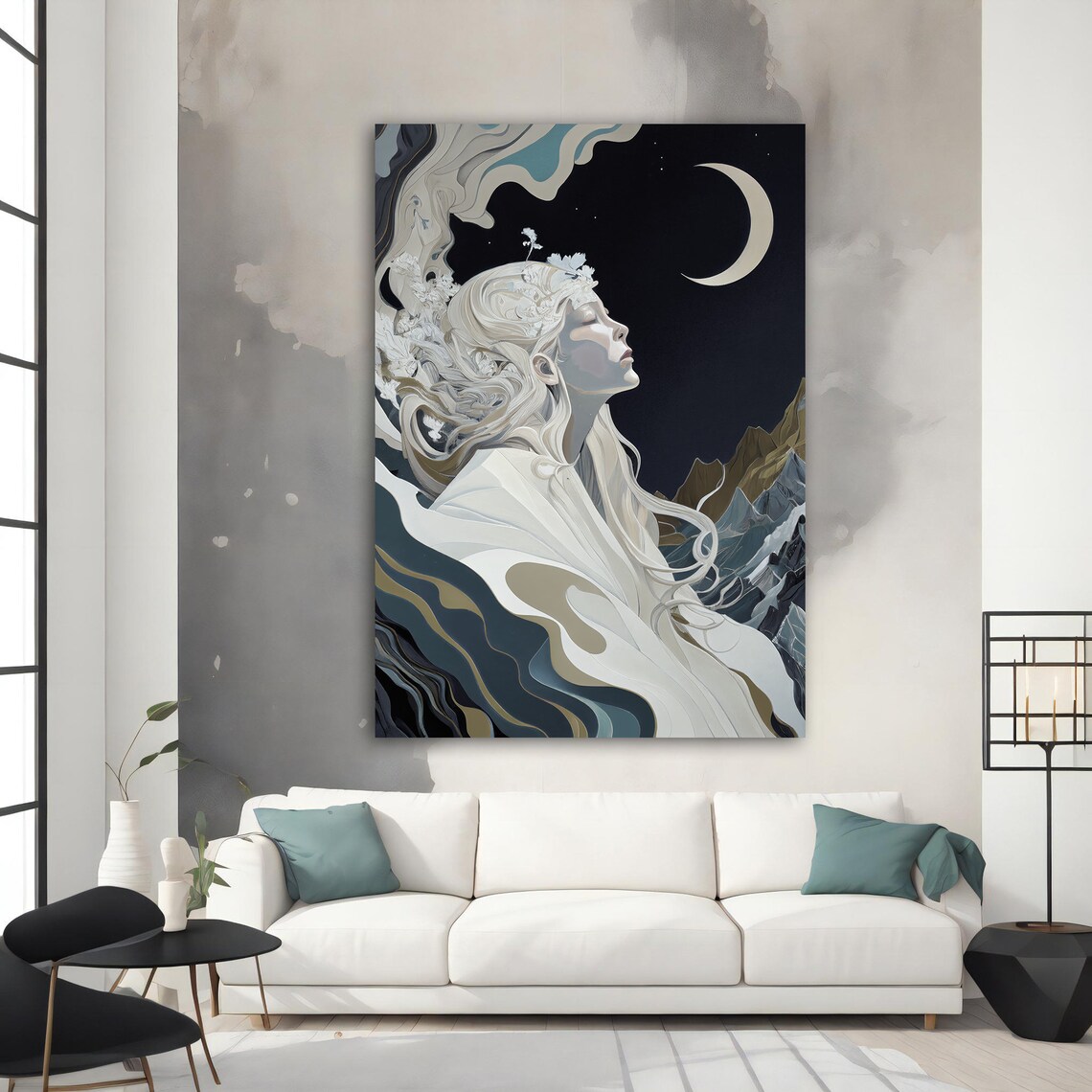Moon Goddess Night Art Nouveau Pale Woman Crescent Moon Mountain Poster - Image 3