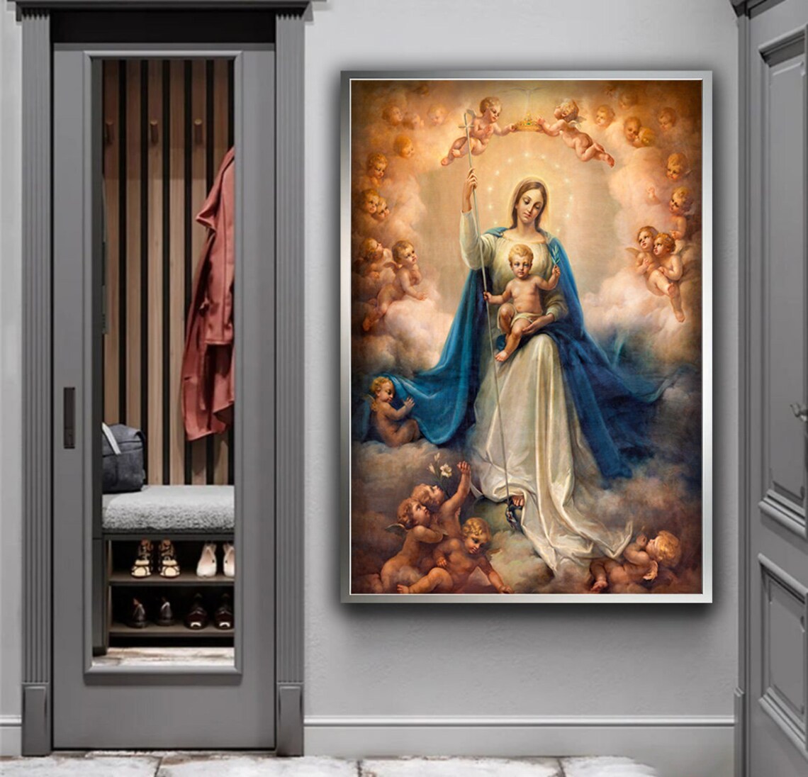 Virgin Mary With Infant Jesus Angels Heavenly Classic Catholic Art Poster - Image 4