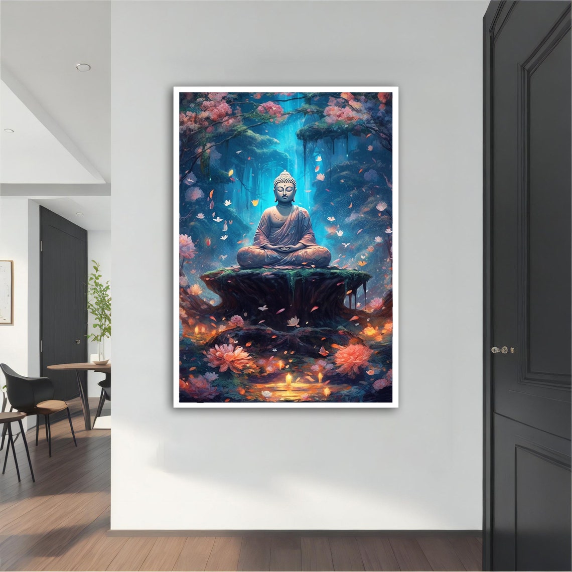 White Buddha Forest Waterfall Blossoms Mystical Asian Art Poster
