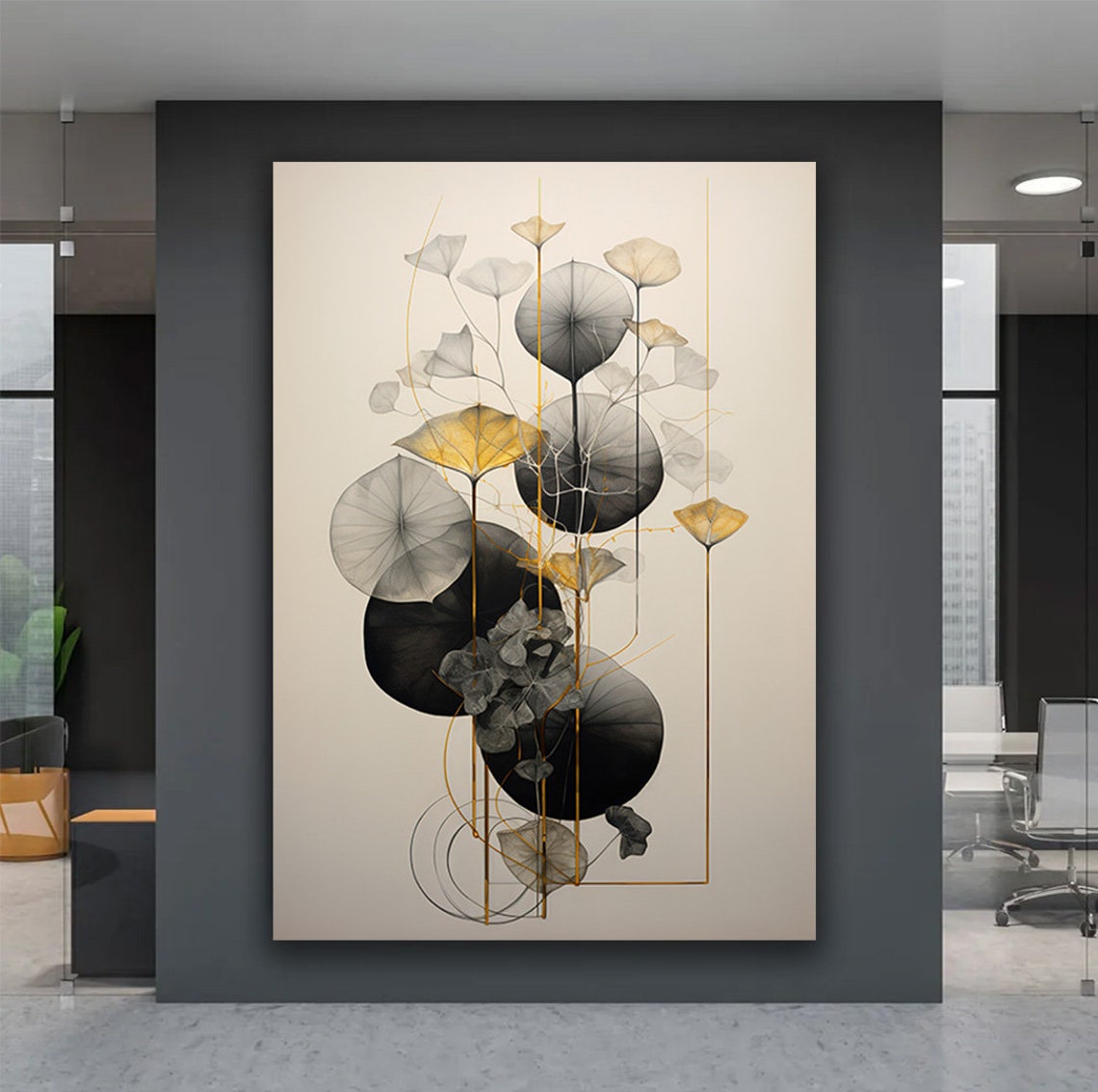 Abstract Lotus Leaves Black Gold Minimalist Botanical Wall Art Poster