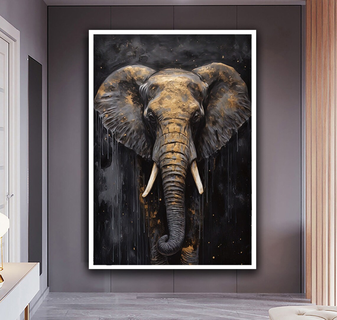 Elephant Front View Gold Accents Dark Moody Wildlife Art Poster - Image 5