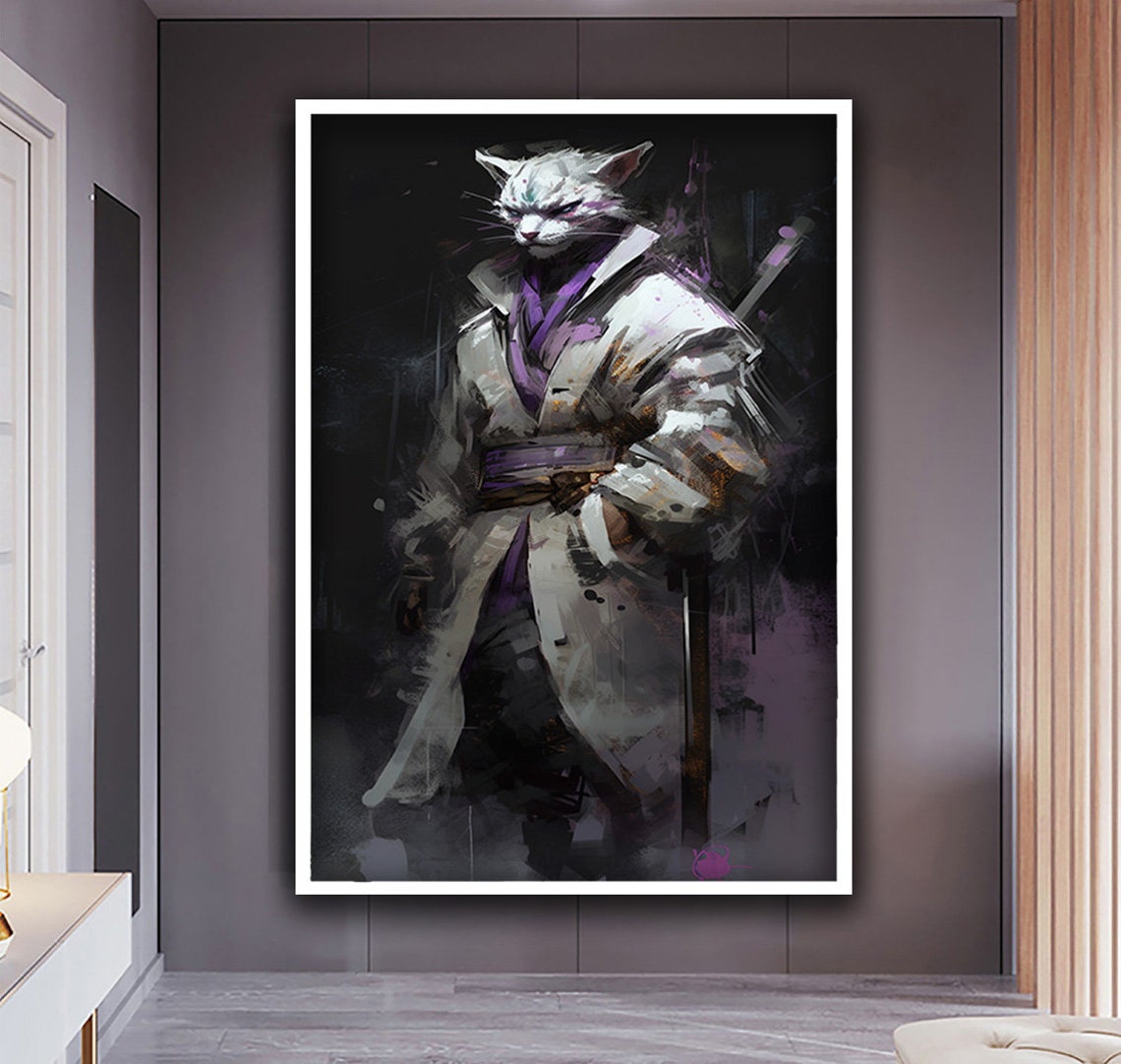 Samurai Cat Warrior Portrait White Kimono Sword Feline Wall Poster - Image 4
