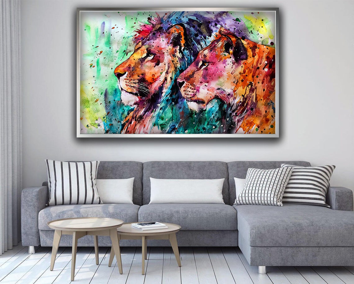 Colorful Watercolor Lion And Lioness Pair Vibrant Wildlife Art Poster - Image 4