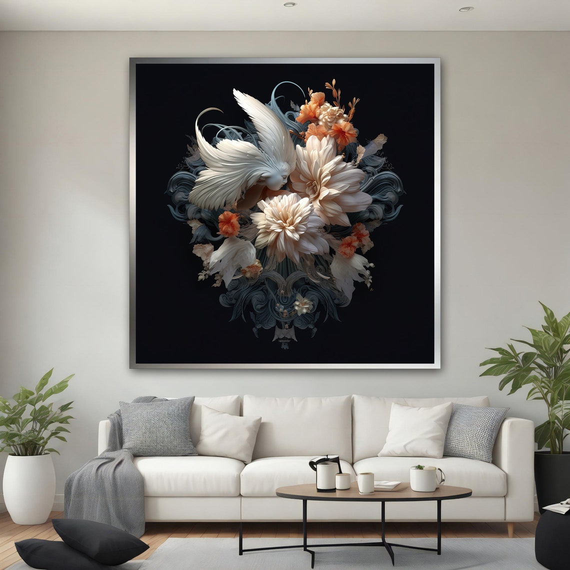 White Flowers White Bird Black Background Ornate Baroque Art Poster - Image 3