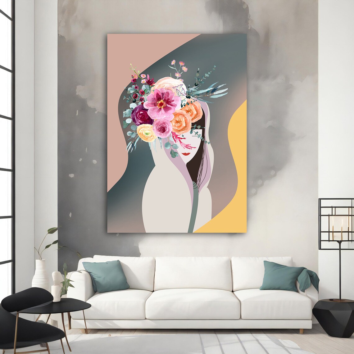 Faceless Woman Flower Bouquet Head Pastel Surreal Portrait Wall Art - Image 4