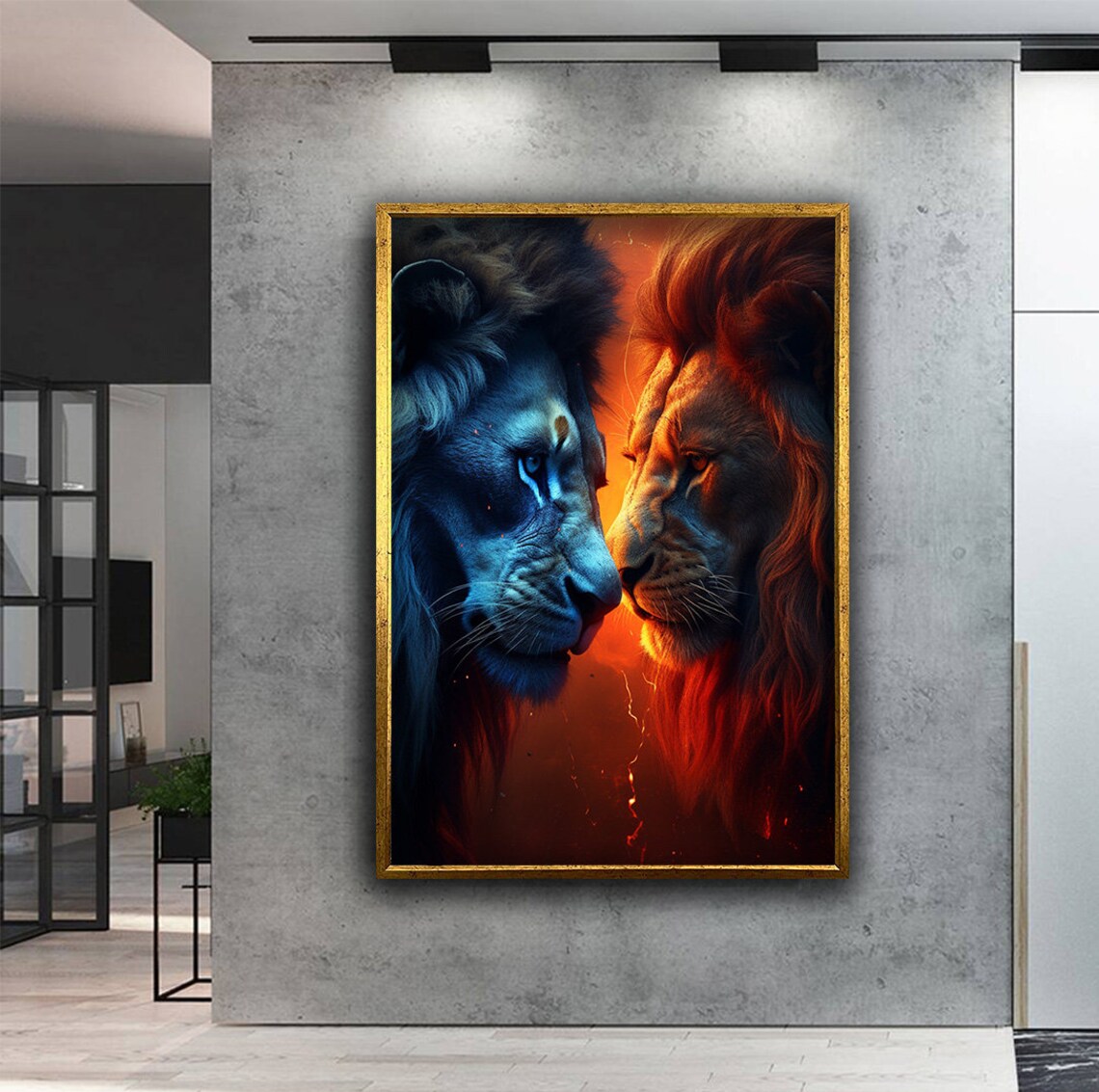 Fire And Water Lions Duel Dramatic Wildlife Animal Art Poster - Image 3