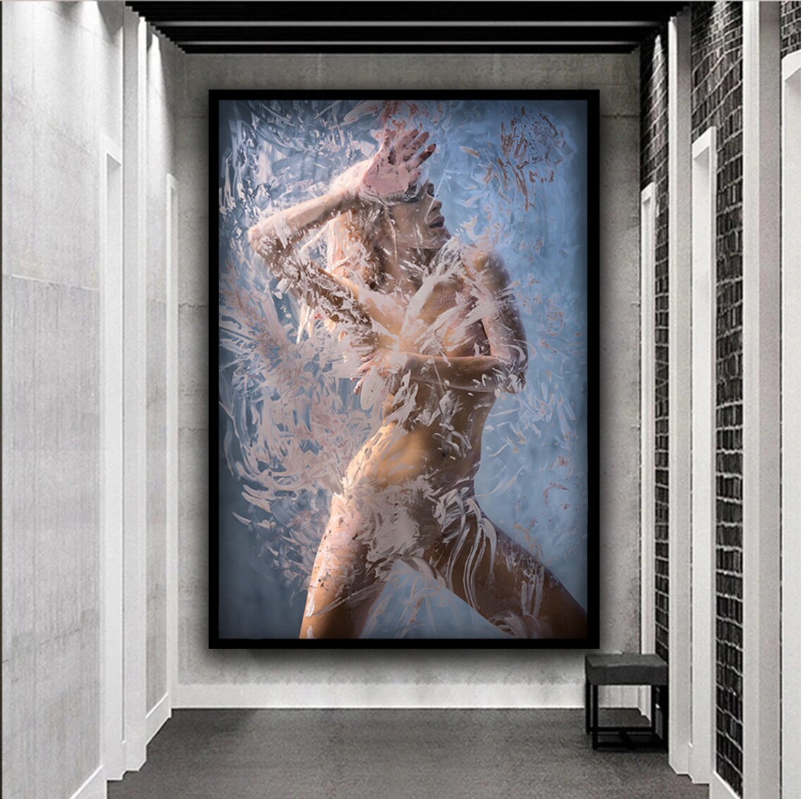 Nude Woman Behind Wet Glass Blue Artistic Body Fine Art Poster