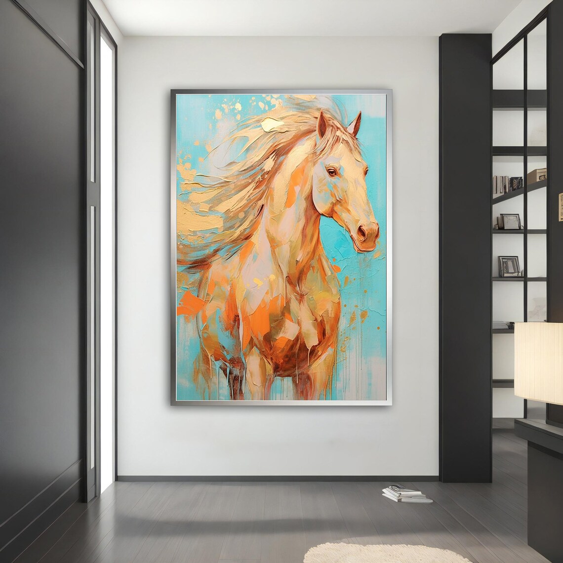 Golden Horse Abstract Painting Turquoise Background Animal Art Poster - Image 4
