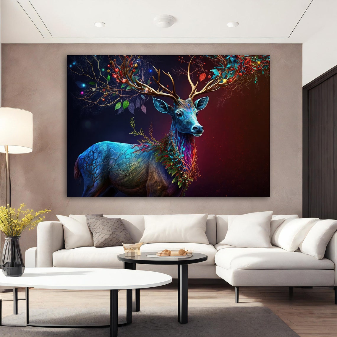 Glowing Blue Stag with Tree Branch Antlers Fantasy Animal Art