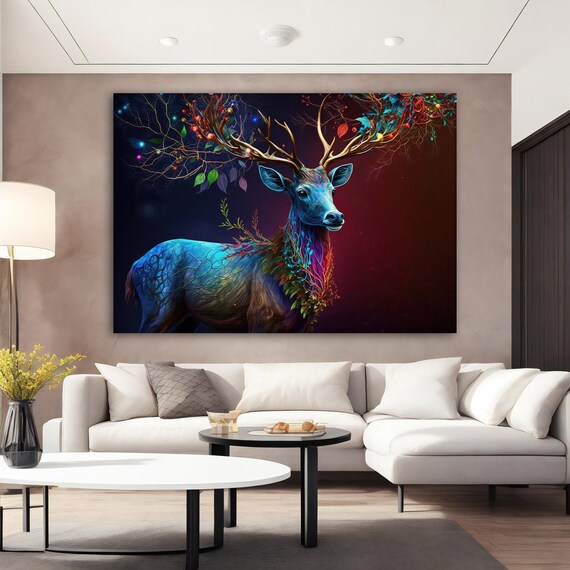 Glowing Blue Stag with Tree Branch Antlers Fantasy Animal Art
