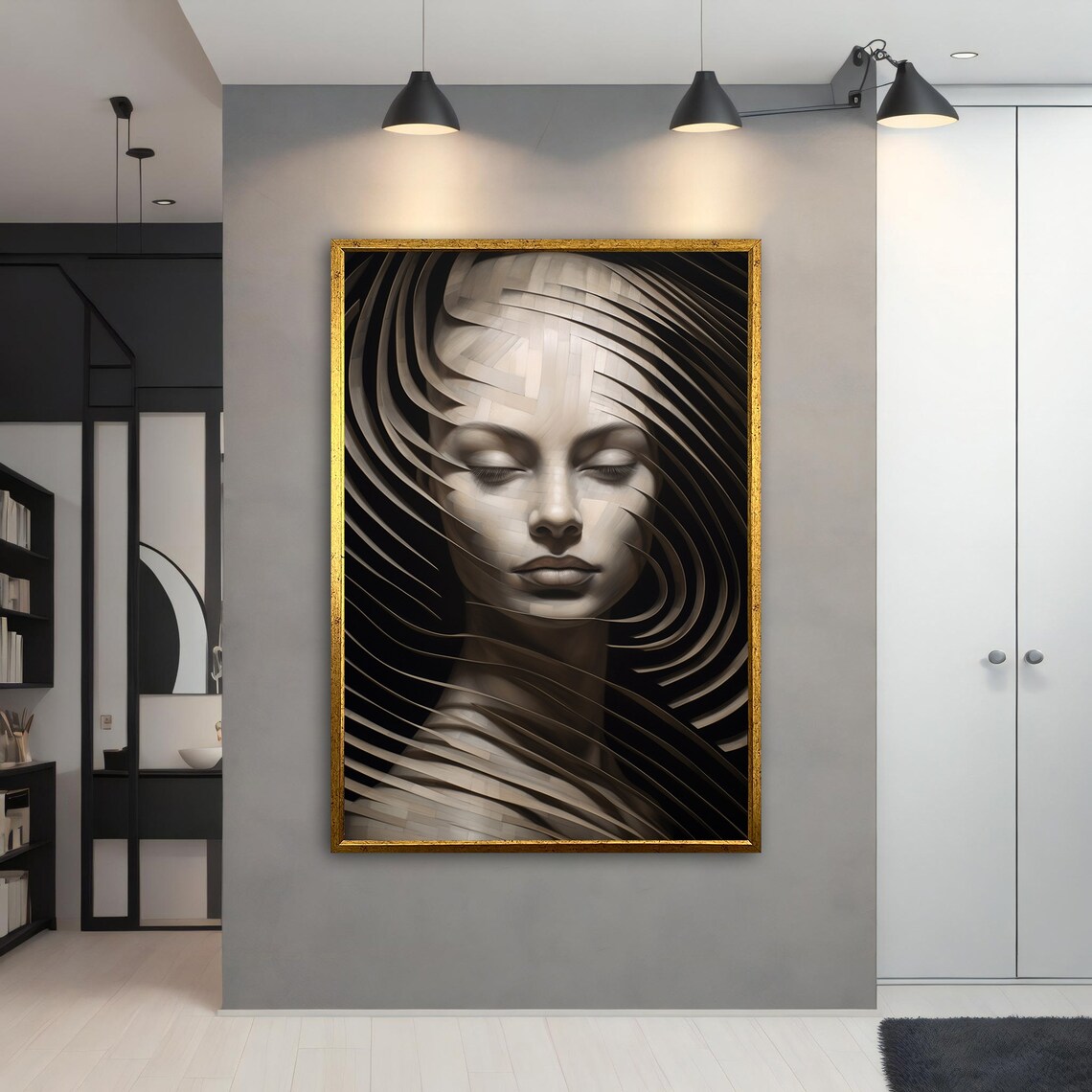 Surreal Monochrome Woman Face Ribbon Swirl Modern Art Poster - Image 3