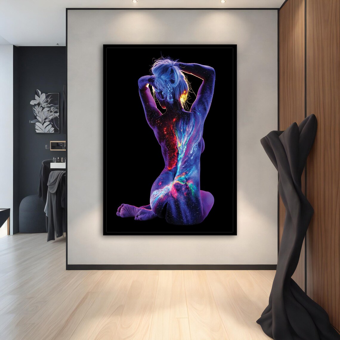 Galaxy Body Paint Woman Kneeling Cosmic Nebula Stars Back View Art Poster - Image 2