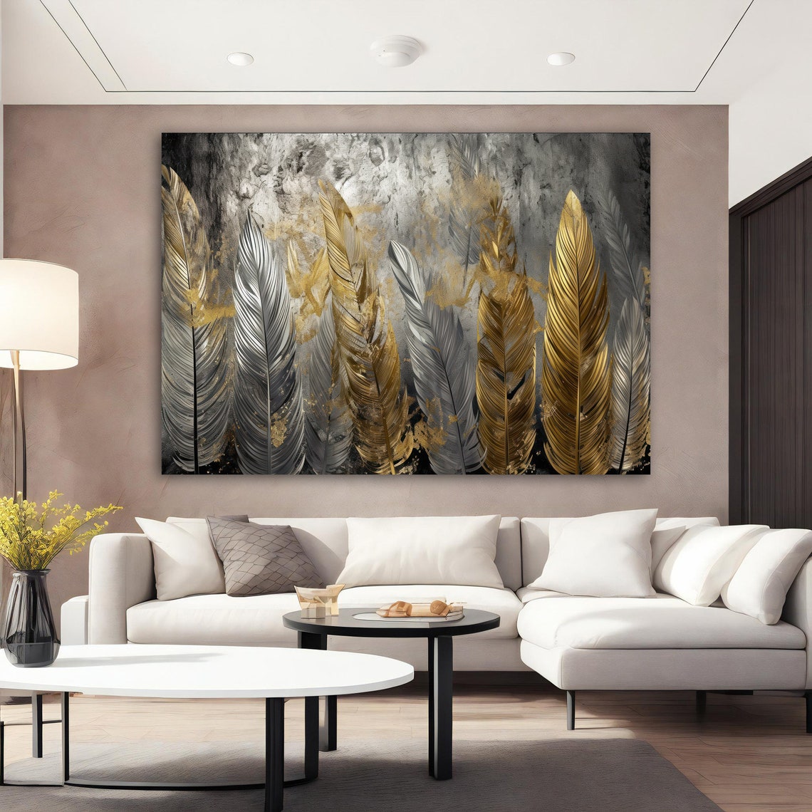 Gray Gold Feathers Abstract Luxe Modern Elegant Feather Wall Art - Image 3