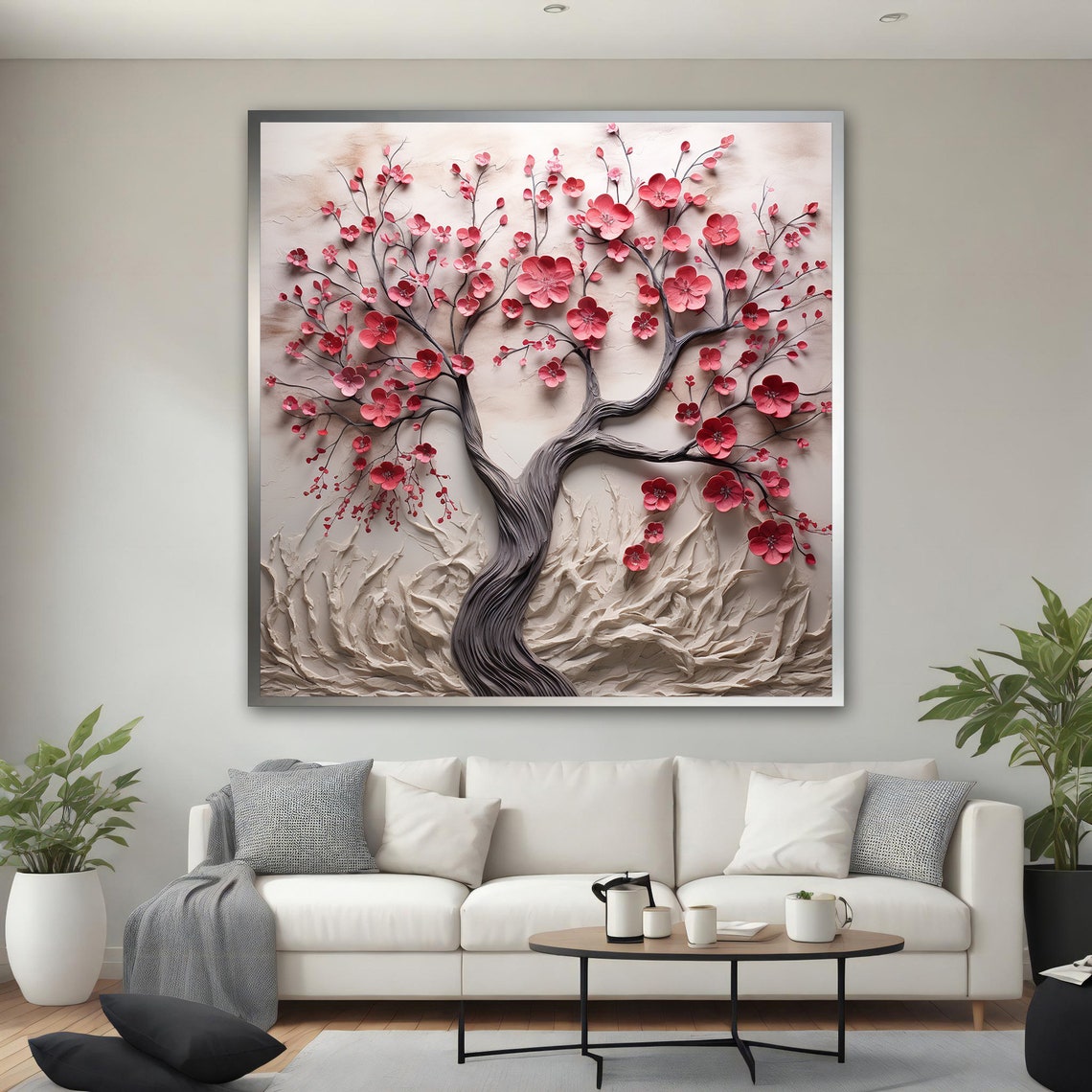 Red Blossom Tree 3D Relief Cream Floral Sculpted Wall Art Poster - Image 5