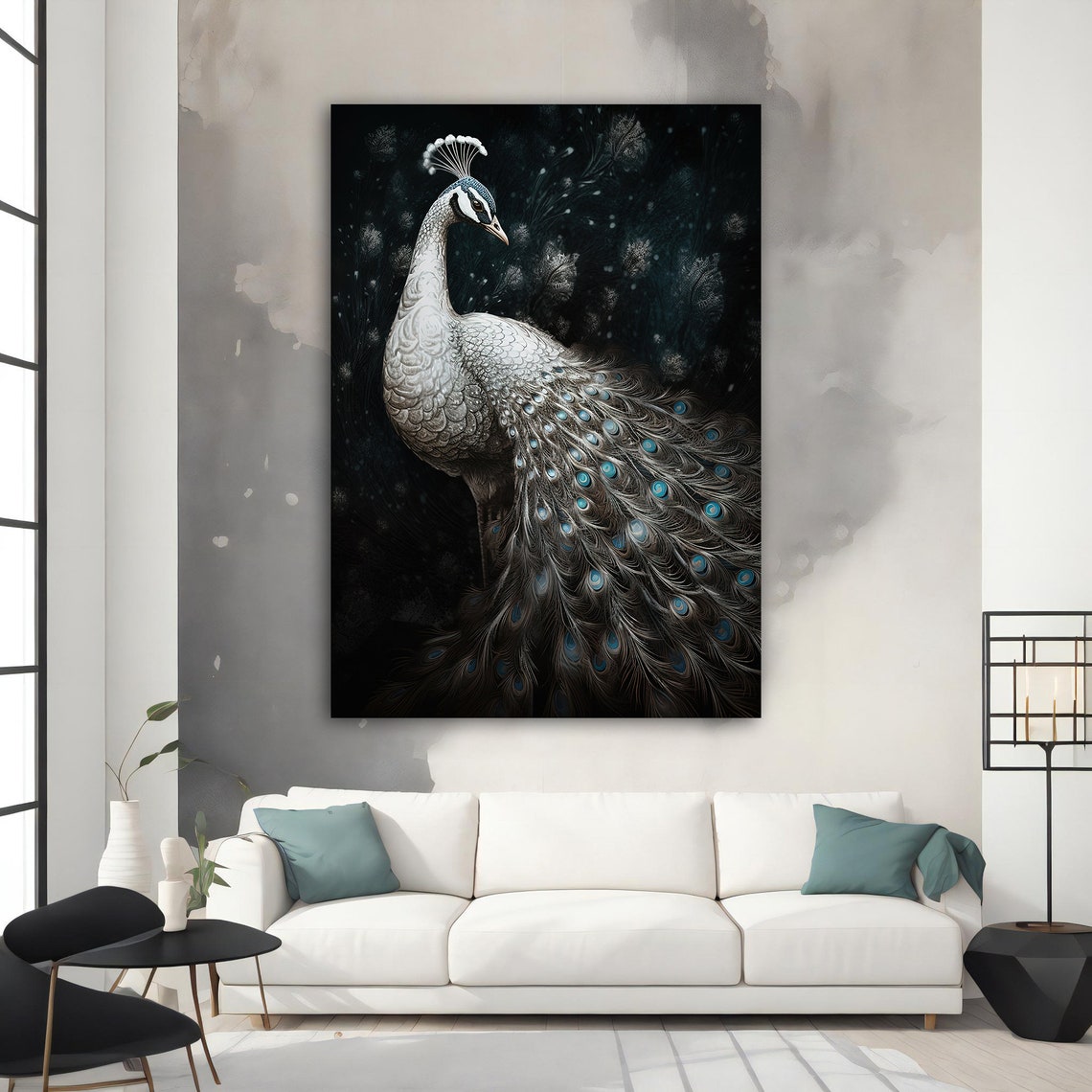 White Peacock Silver Plumage Black Background Elegant Animal Poster - Image 3