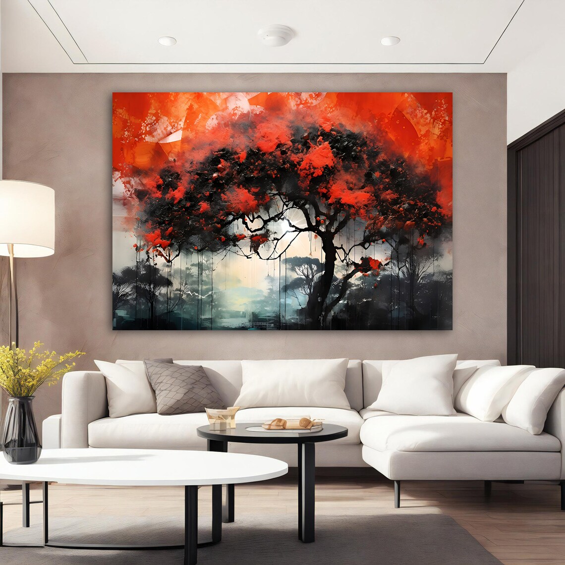 Red Tree Painting Red Tree In The Forest Wall Decor Tree Print Art Nature Painting Landscape Art