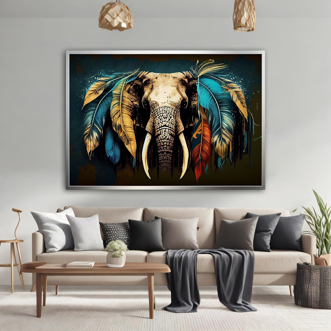 Elephant Head Feathered Ears Colorful Tribal Wildlife Art Poster - Image 3