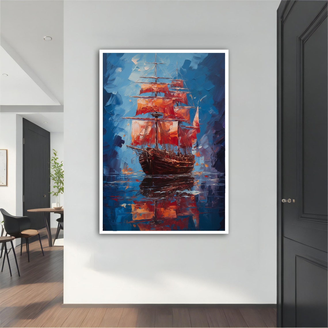 Tall Ship Red Sails Oil Painting Dramatic Deep Blue Sea Art Poster