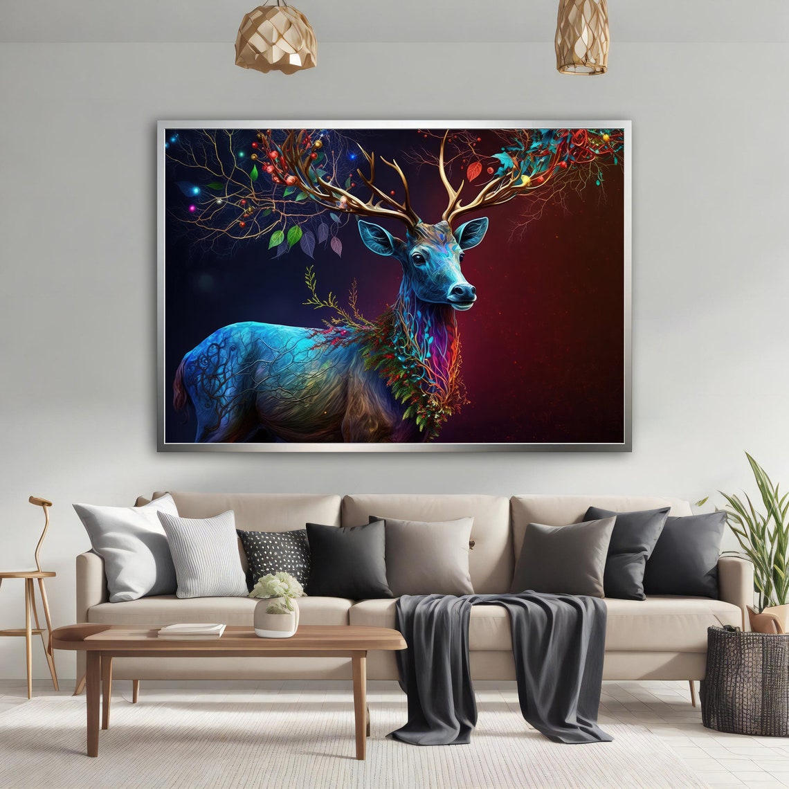 Glowing Blue Stag with Tree Branch Antlers Fantasy Animal Art - Image 2