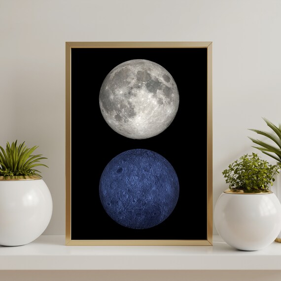 Full Moon and Blue Far Side Moon Duo on Black Celestial Poster