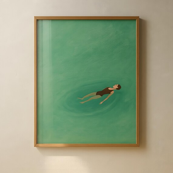 Floating Woman Green Water Minimalist Swim Summer Art Poster
