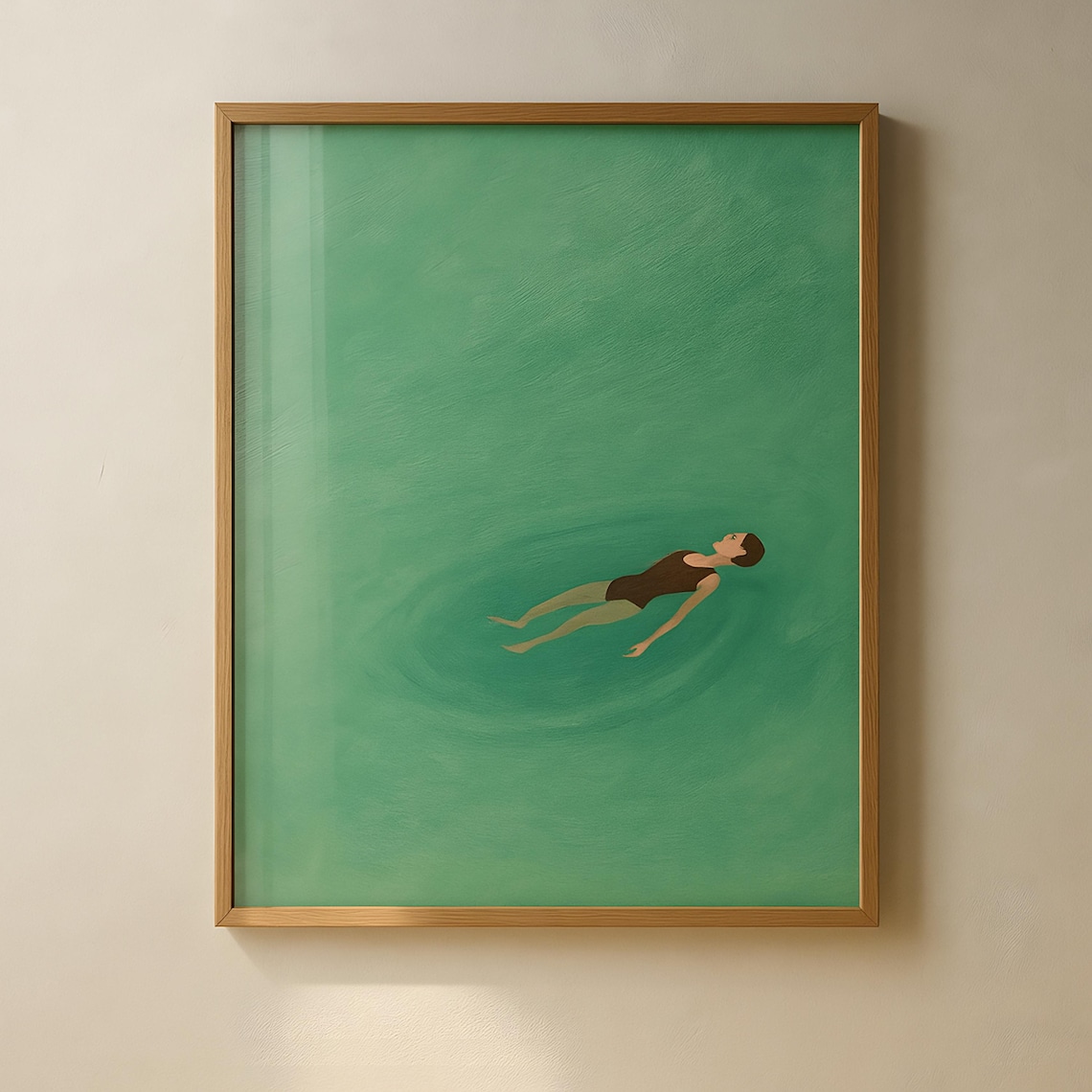 Floating Woman Green Water Minimalist Swim Summer Art Poster
