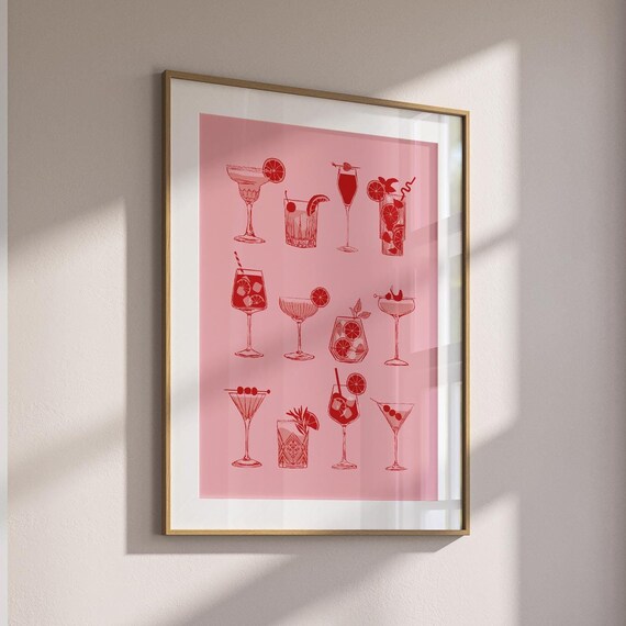 Cute Drink Wall Print Aesthetic Cocktail Art Red Pink Girly Drinks Print Bar Cart Art Trendy Wine Prints Kitchen Poster