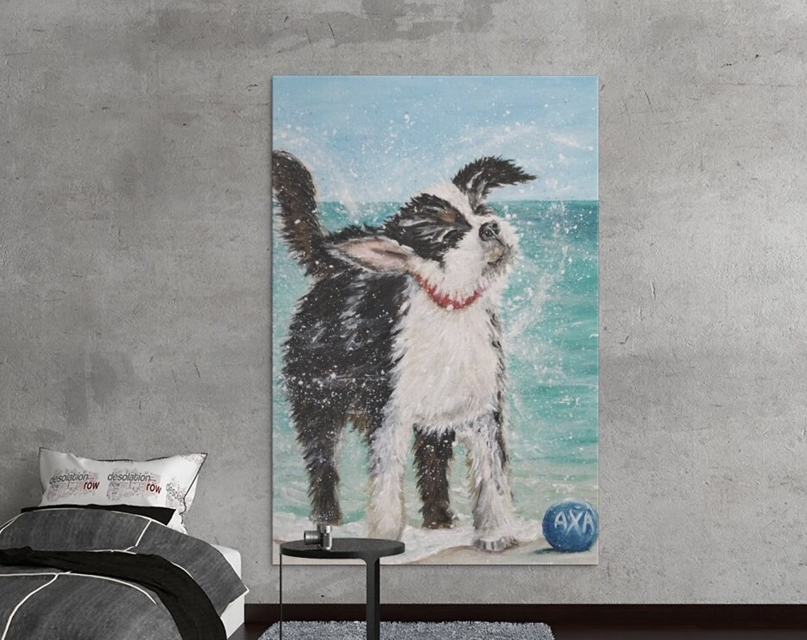 Happy Black White Dog Shaking Off Water Beach Day Fun Playful Poster