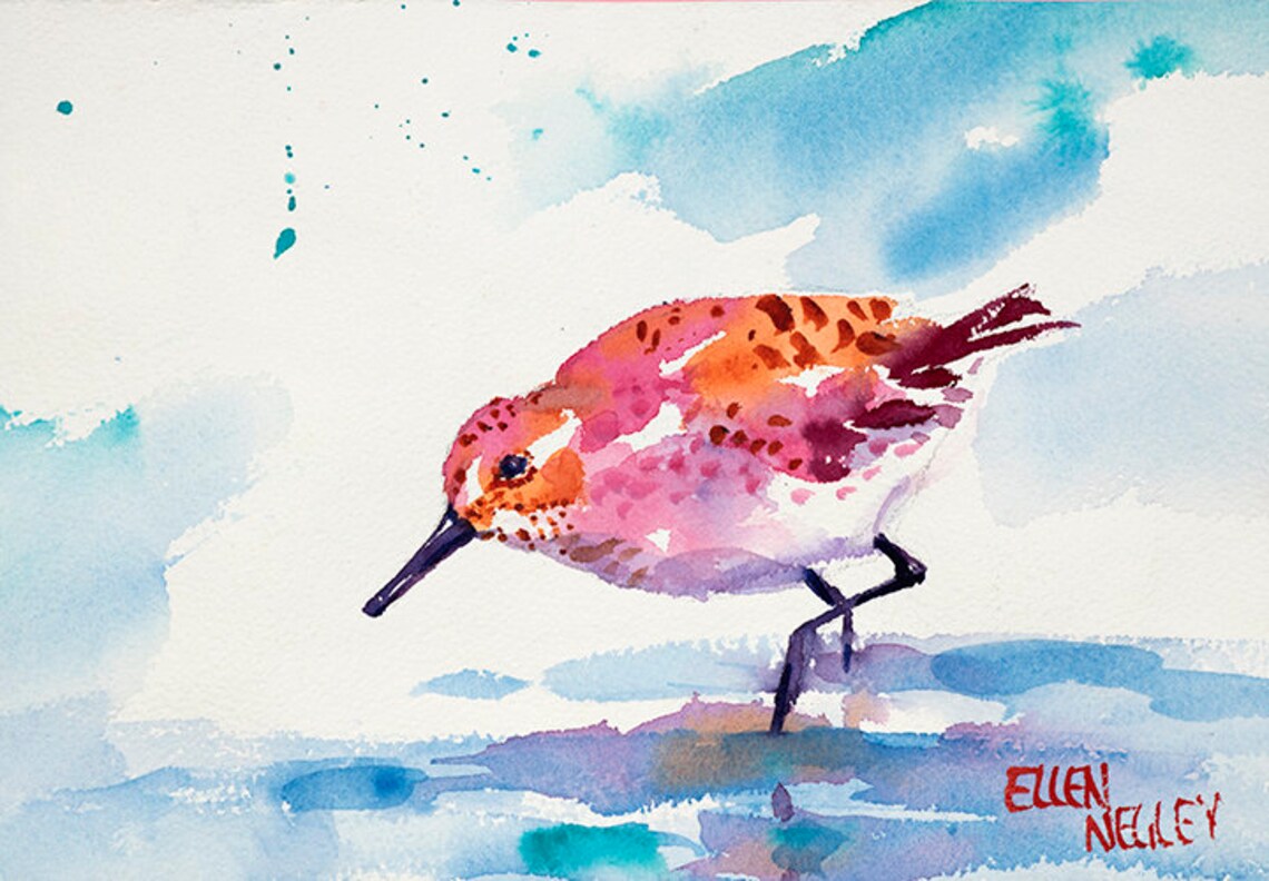 Sandpiper Shorebird Watercolor Foraging Against a Beach Sky Poster