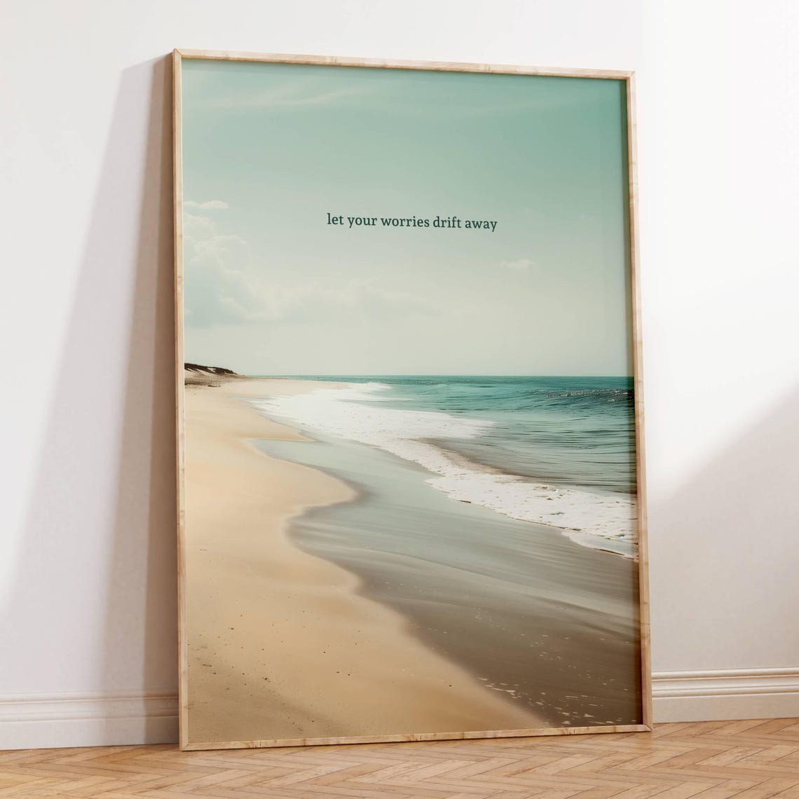Let Your Worries Drift Away Serene Empty Beach Waves Quote Poster - Image 3