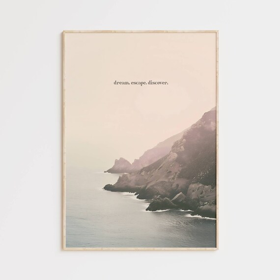 Dream Escape Discover Misty Rocky Coast Wanderlust Quote Poster