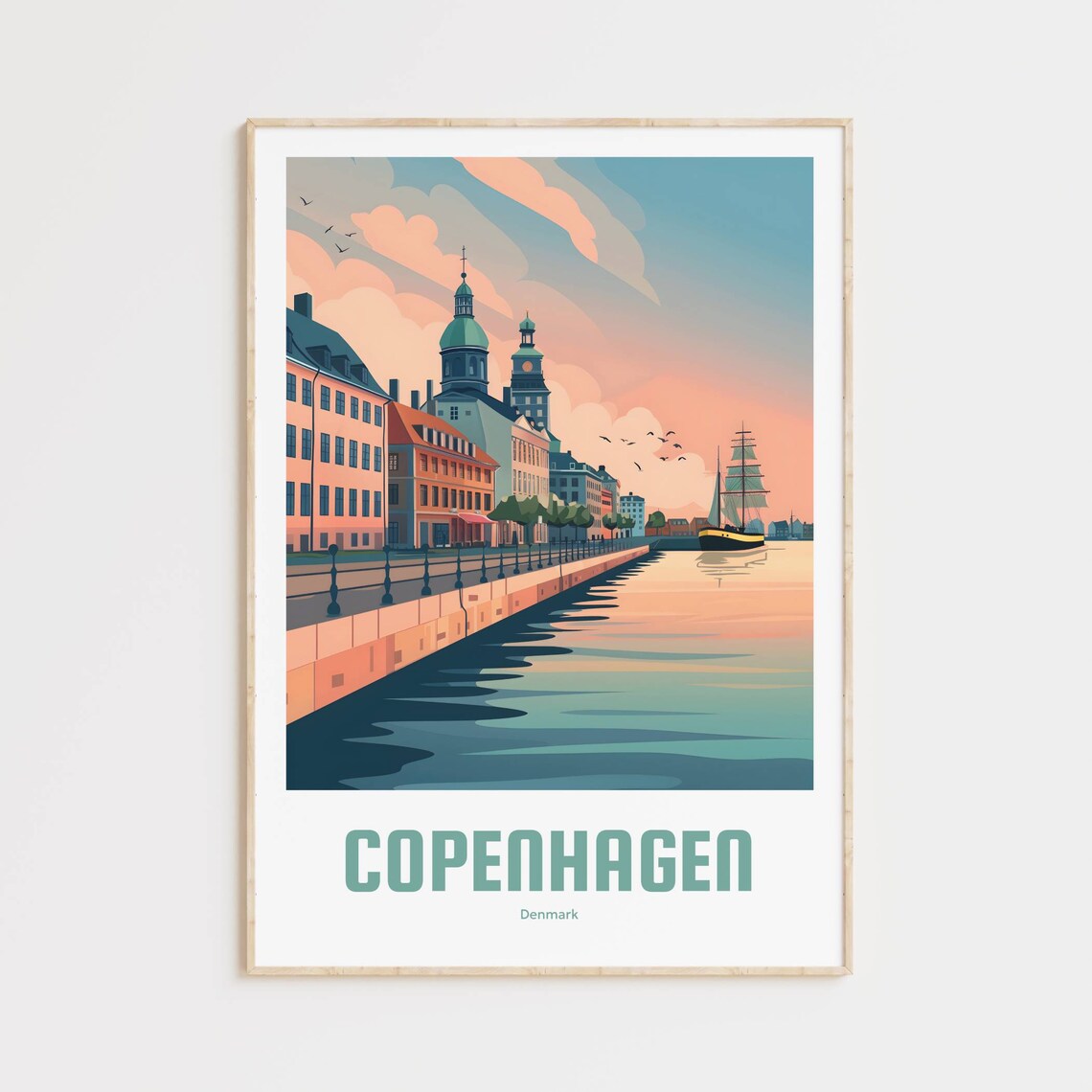 Copenhagen Denmark Nyhavn Waterfront Sailboat Scene Travel Poster